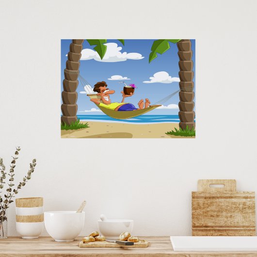 Funny Man Relaxing in Beach Hammock Poster (Keuken)