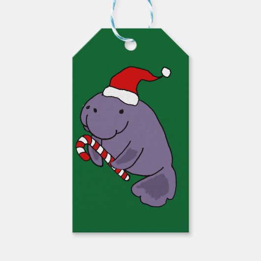 Funny Manatee in Santa Hat Kerst Cartoon Cadeaulabel (Voorkant)