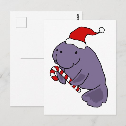 Funny Manatee in Santa Hat-kerstCartoon Briefkaart (Voorkant / Achterkant)