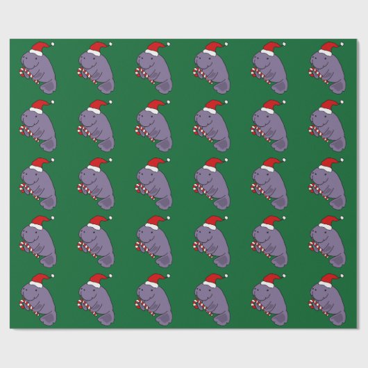 Funny Manatee in Santa Hat-kerstCartoon Cadeaupapier (Vlak)
