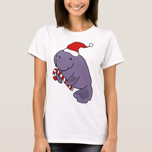 Funny Manatee in Santa Hat-kerstCartoon T-shirt (Voorkant)