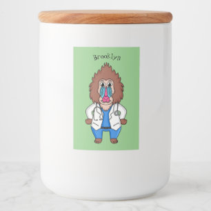 Funny mandrill dokter cartoon illustratie voedselcontainer etiket