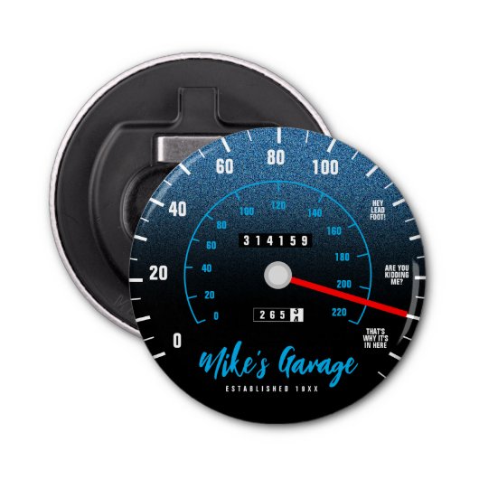 Funny Manly Car Odometer Speedometer Blue Glitter Button Flesopener (Voorkant)