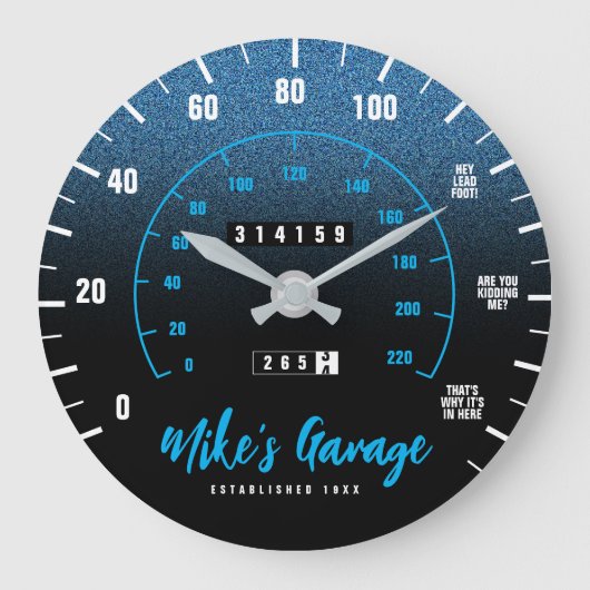Funny Manly Car Odometer Speedometer Blue Glitter Grote Klok (Voorkant)