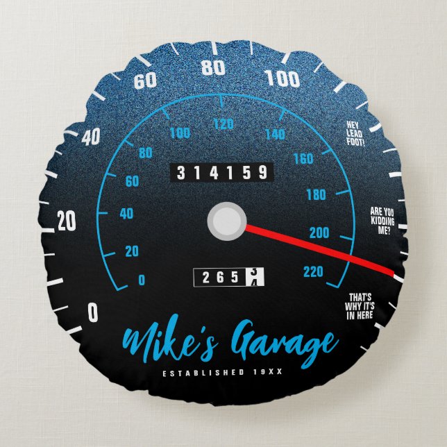 Funny Manly Car Odometer Speedometer Blue Glitter Rond Kussen (Voorkant)