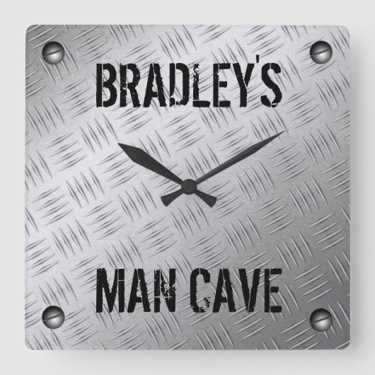 Funny Manly Man Cave Worn Steel Diamond Deckplate Vierkante Klok (Voorkant)
