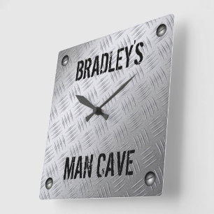 Funny Manly Man Cave Worn Steel Diamond Deckplate Vierkante Klok