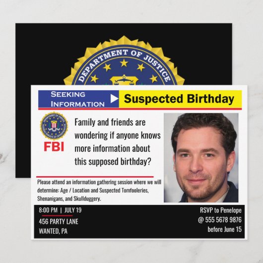 Funny Mannen Birthday Suspect die informatie zoekt Kaart (Voorkant / Achterkant)