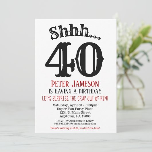 Funny Mannen Surprise Party Invitation Black Kaart (Staand voorkant)