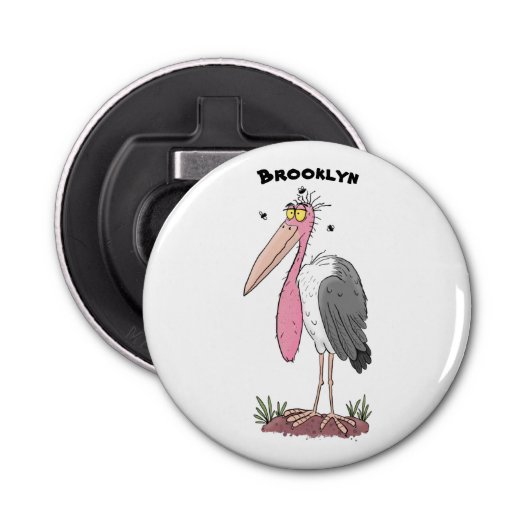 Funny marabou stork cartoon button flesopener (Voorkant)