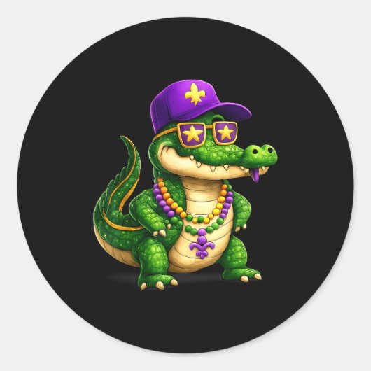 Funny Mardi Gras Alligator Beads Carnival Celebrat Ronde Sticker (Voorkant)