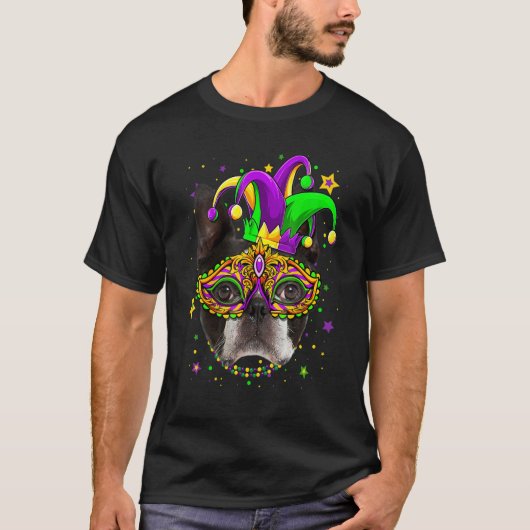 Funny Mardi Gras Boston Terrier Dog beheert Masker T-shirt (Voorkant)