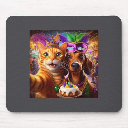 Funny Mardi Gras Cat Dachshund Selfie Squad  Muismat (Voorkant)