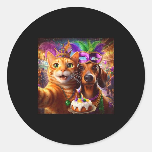 Funny Mardi Gras Cat Dachshund Selfie Squad  Ronde Sticker (Voorkant)