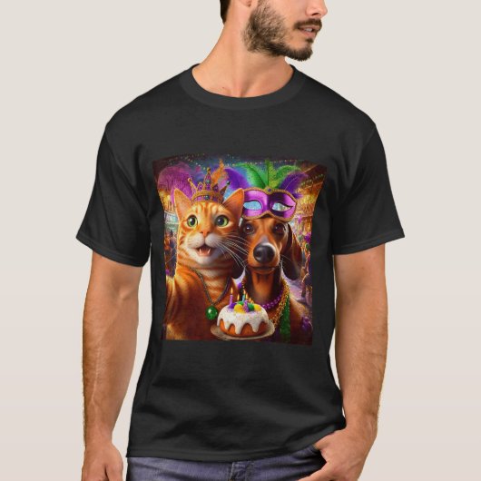 Funny Mardi Gras Cat Dachshund Selfie Squad  T-shirt (Voorkant)