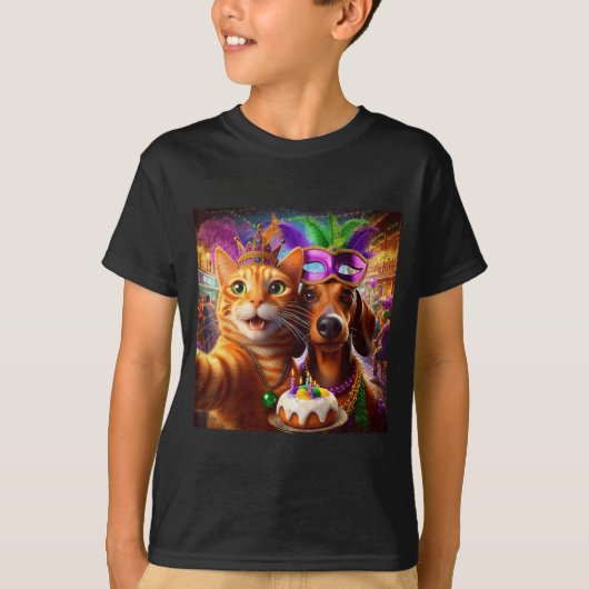 Funny Mardi Gras Cat Dachshund Selfie Squad  T-shirt (Voorkant)