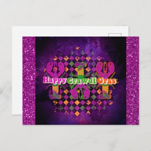 Funny Mardi Gras Crawfish Paars Briefkaart (Voorkant / Achterkant)