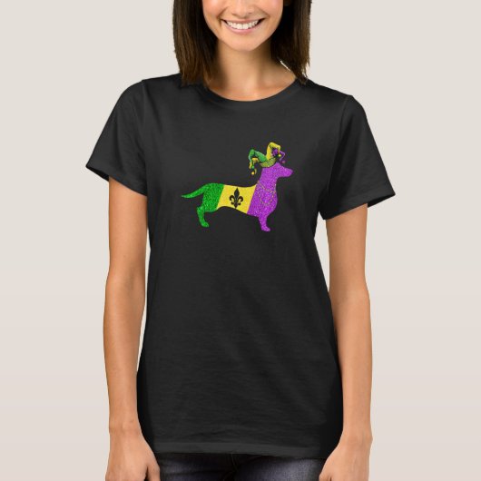 Funny Mardi Gras Dachshund Dog Mardi Gras Hat Bead T-shirt (Voorkant)