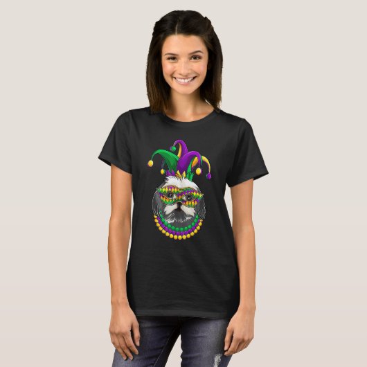 Funny Mardi Gras Dog Apparel, Shih Tzu Dog Mom Dad T-shirt (Voorkant volledig)