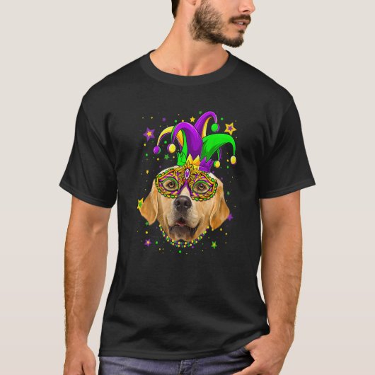 Funny Mardi Gras Golden Retriever Dog Beads Mask M T-shirt (Voorkant)