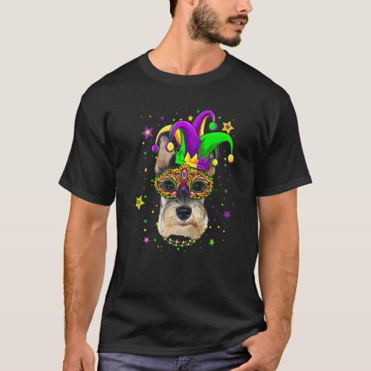 Funny Mardi Gras Schnauzer Dog Beads Mask Mardi Gr T-shirt (Voorkant)