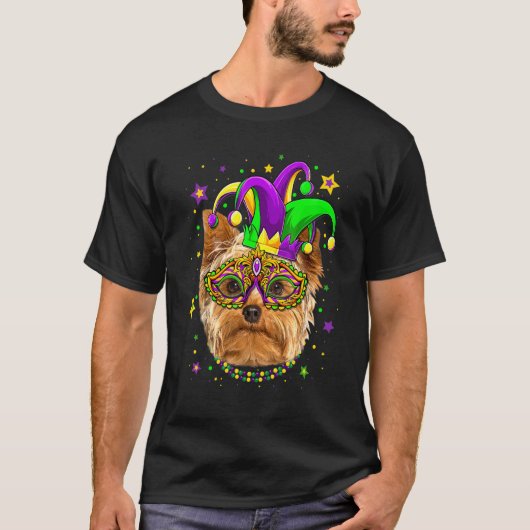 Funny Mardi Gras Yorkshire Terrier Dog Beads Mask  T-shirt (Voorkant)