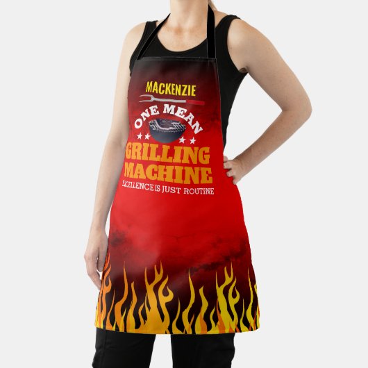 Funny Mean Grilling Machine met naam en vlam Schort (Insitu)