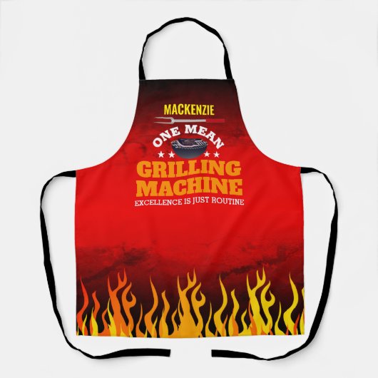 Funny Mean Grilling Machine met naam en vlam Schort (Voorkant)