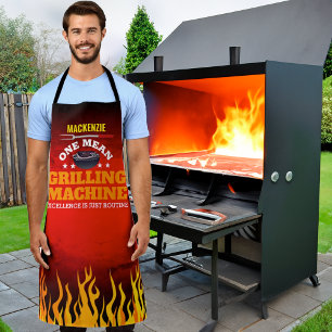 Funny Mean Grilling Machine met naam en vlam Schort