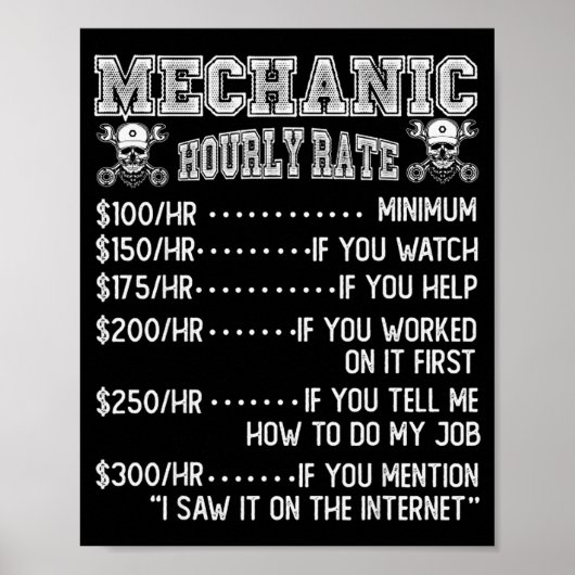 Funny Mechanic Hourly Rate Joke Design Poster (Voorkant)