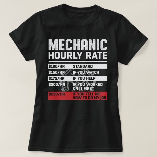 Funny Mechanic Hourly Rate T-shirt (Design voorkant)