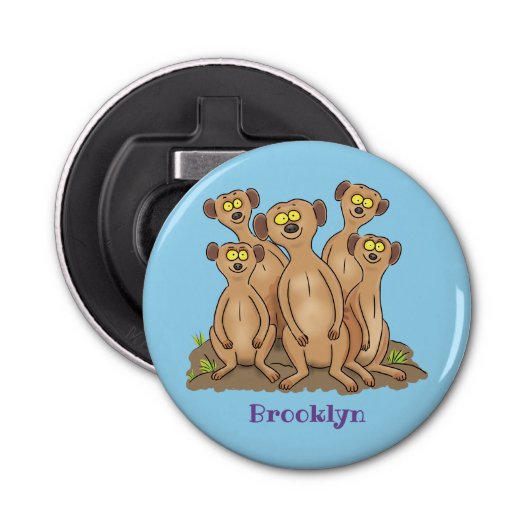 Funny meerkat cartoon illustratie button flesopener (Voorkant)