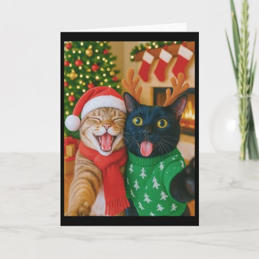 Funny Meme Cat Taking A Selfie Christmas Xmas Ligh Kaart (Voorkant)