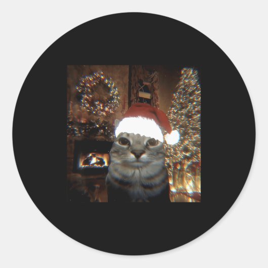 Funny Meme Cat Taking A Selfie Christmas Xmas Ligh Ronde Sticker (Voorkant)