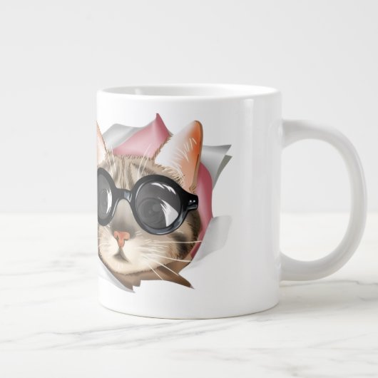 Funny “Meow” Cat with Glasses Design Grote Koffiekop (Rechts)