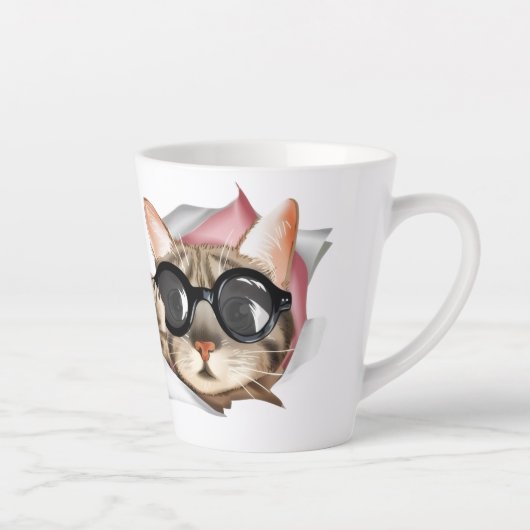 Funny “Meow” Cat with Glasses Design Latte Mok (Rechts)