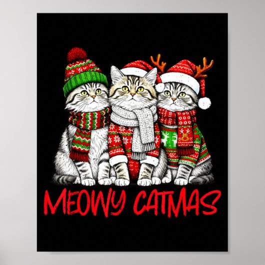 Funny Meowy Catmas Christmas Cats Ugly Sweater Gra Poster (Voorkant)