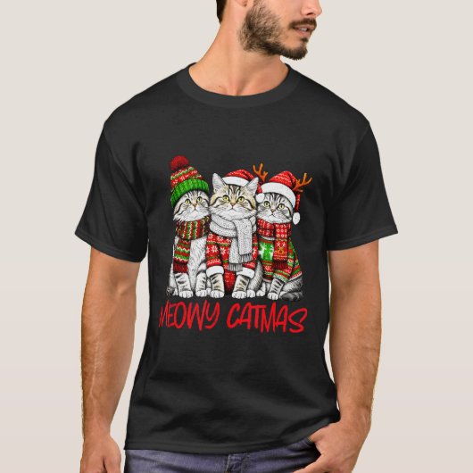 Funny Meowy Catmas Christmas Cats Ugly Sweater Gra T-shirt (Voorkant)