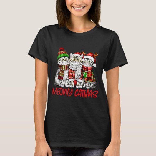 Funny Meowy Catmas Christmas Cats Ugly Sweater Gra T-shirt (Voorkant)