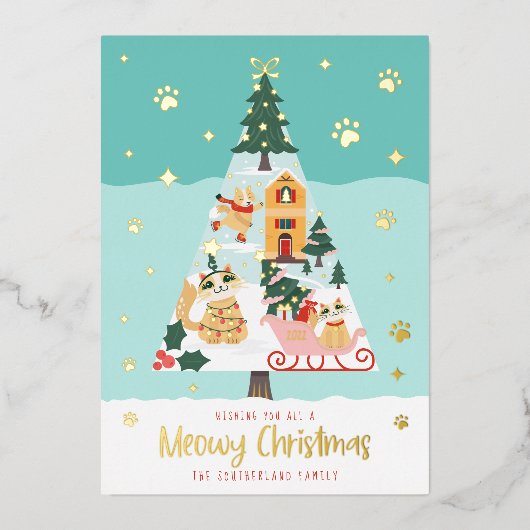 Funny Meowy Cats kerstboom Snowy Winter Scene Folie Feestdagenkaart (Voorkant)