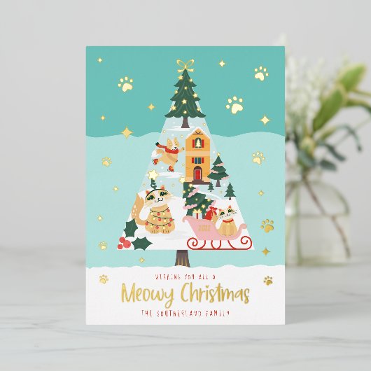 Funny Meowy Cats kerstboom Snowy Winter Scene Folie Feestdagenkaart (Staand Voorkant)
