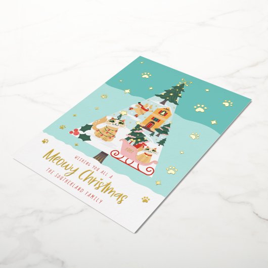 Funny Meowy Cats kerstboom Snowy Winter Scene Folie Feestdagenkaart (Gedraaid)
