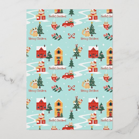 Funny Meowy Cats kerstboom Snowy Winter Scene Folie Feestdagenkaart (Achterkant)