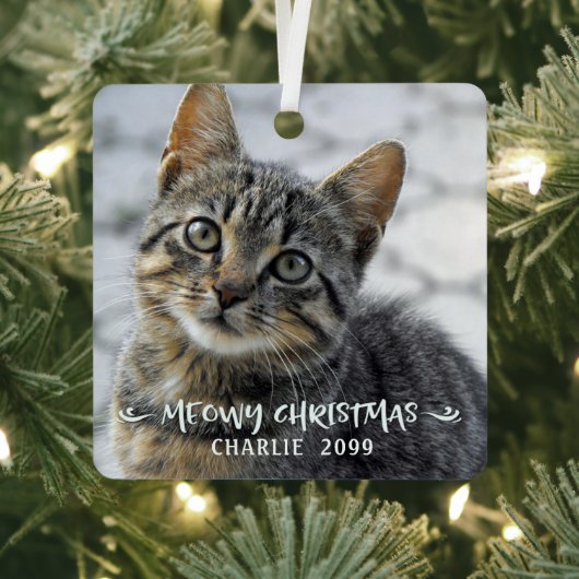Funny MEOWY CHRISTMAS Cat Name 2 Foto Metalen Ornament (Insitu)