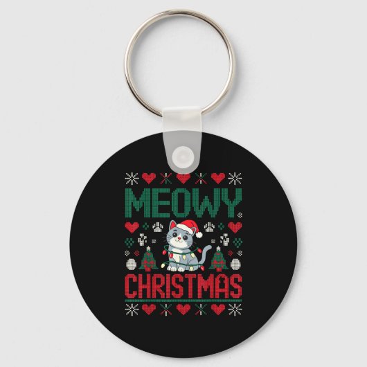 Funny Meowy Christmas Ugly Xmas Cute Lights Cat Sa Sleutelhanger (Voorkant)