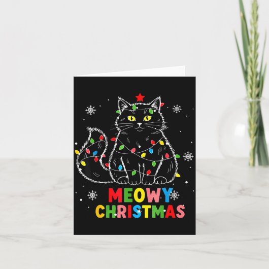 Funny Meowy Christmas Xmas Lights Black Cat Pajama Kaart (Voorkant)