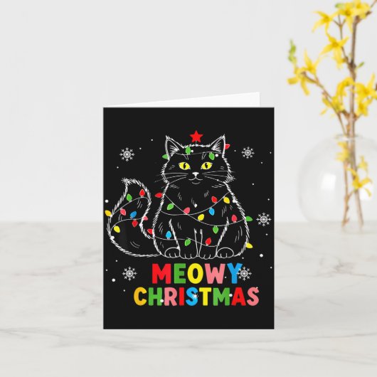 Funny Meowy Christmas Xmas Lights Black Cat Pajama Kaart (Gele Bloem)