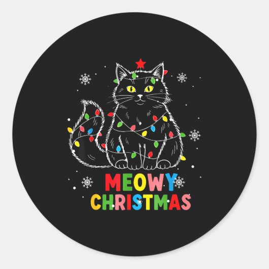 Funny Meowy Christmas Xmas Lights Black Cat Pajama Ronde Sticker (Voorkant)