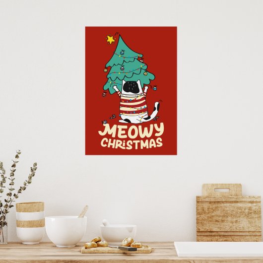 Funny Meowy Kerstmis - Rumpy Tuxedo kat - kerstboo Poster (Keuken)