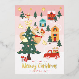 Funny Meowy Peeking Cat Kerstwinter Village Folie Feestdagenkaart